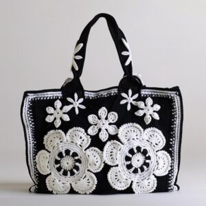 Flowery Black & White Plush Bag